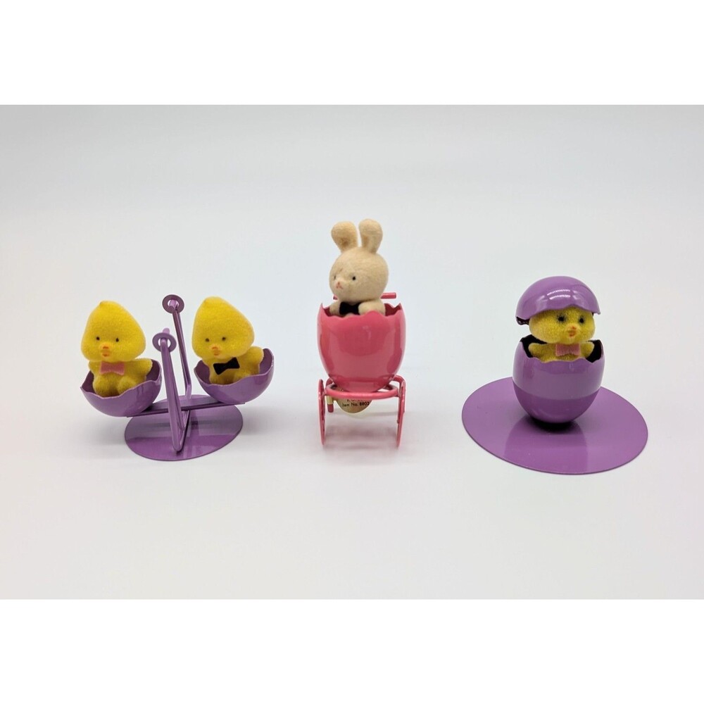 Vtg Russ Berrie Flocked Easter Chicks Bunny Teeter Totter Carriage Metal Egg